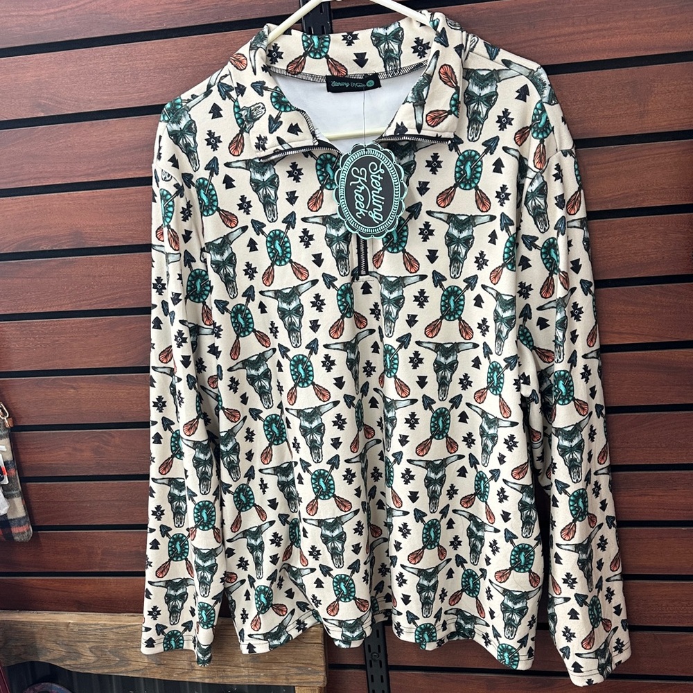 Sterling Kreek Thread Beige Western Skull Print Quarter Zip - Picture 1 of 6